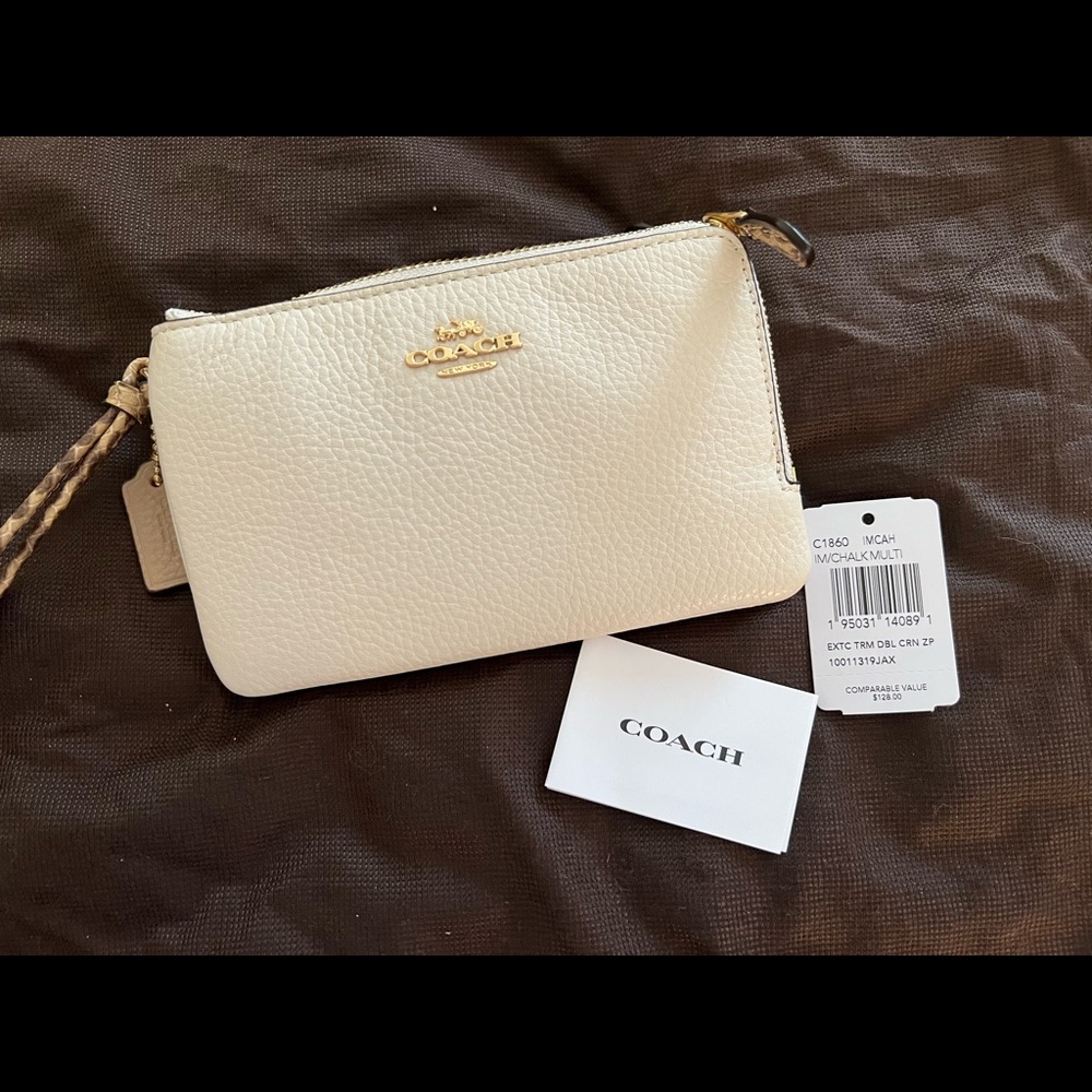 NWT Coach Cream colored Exotic Trim Double Corner Zip Wristlet